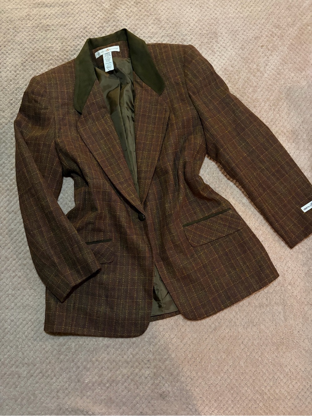 Preswick & Moore Brown Plaid Blazer with Olive Velvet Collar